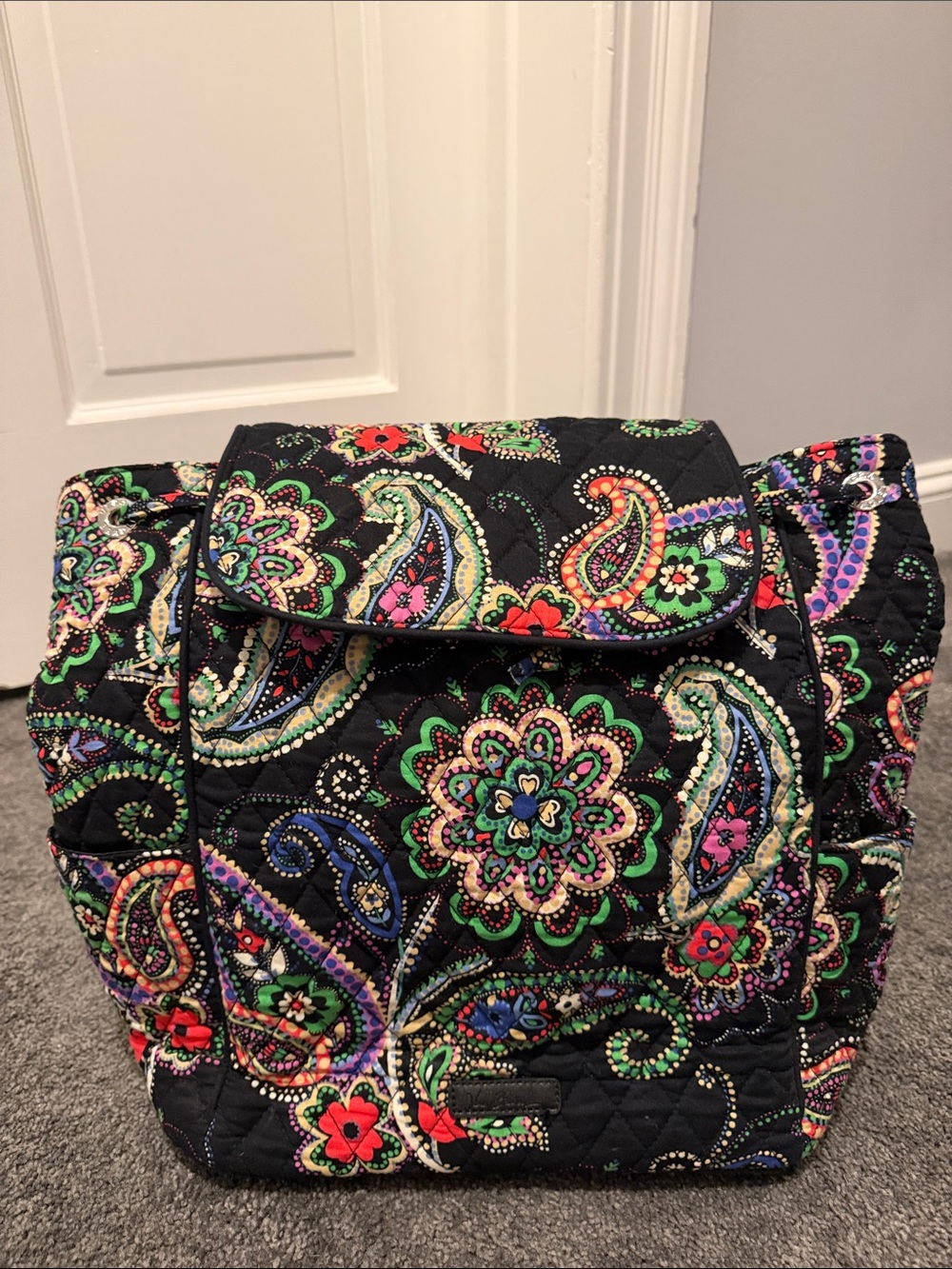 Vera Bradley Black Quilted Backpack with Colorful Paisley Floral Print